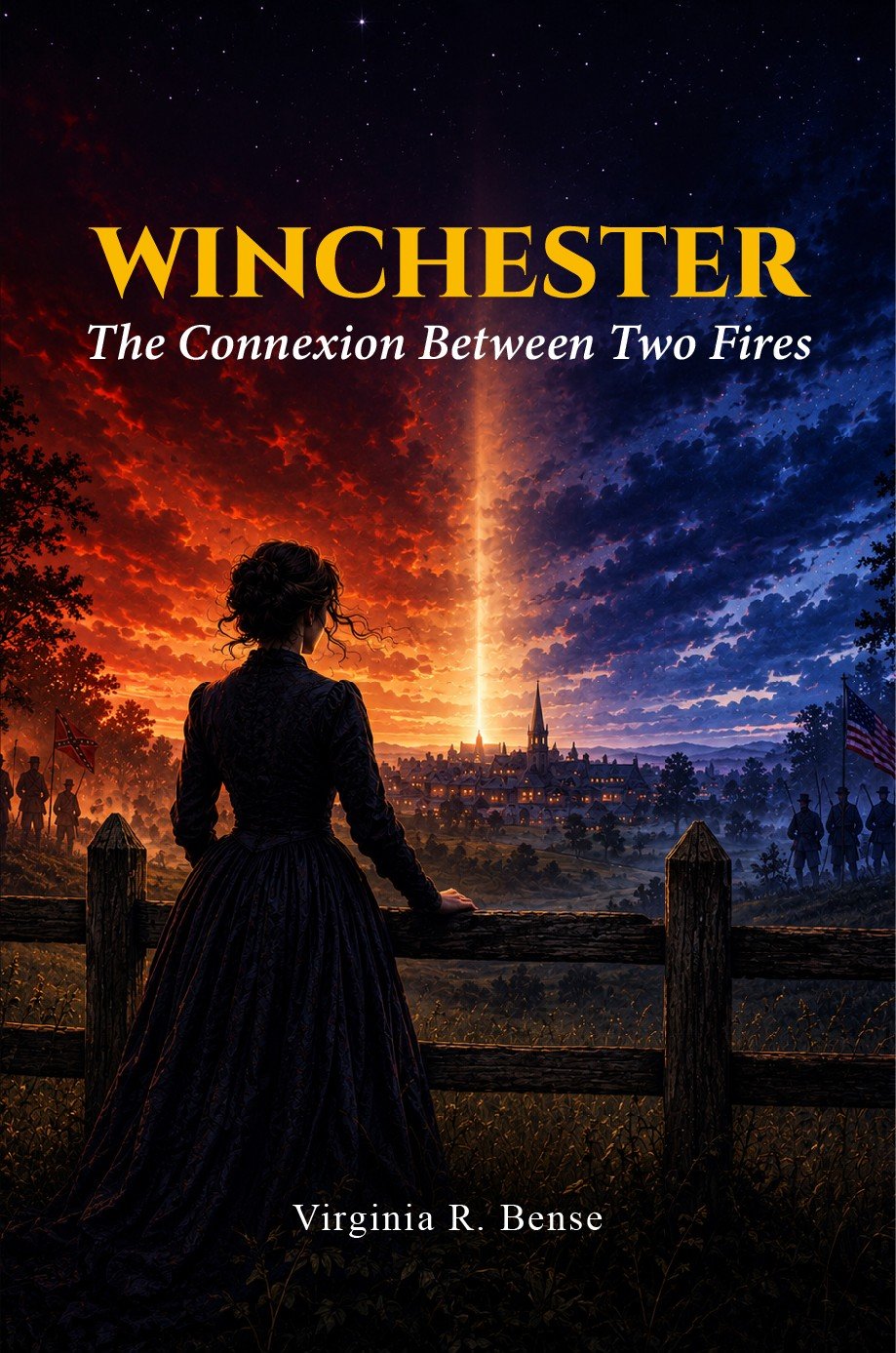 Winchester book cover: a woman in a dark Victorian dress at a wooden fence, watching a beam of light rise over a divided sky