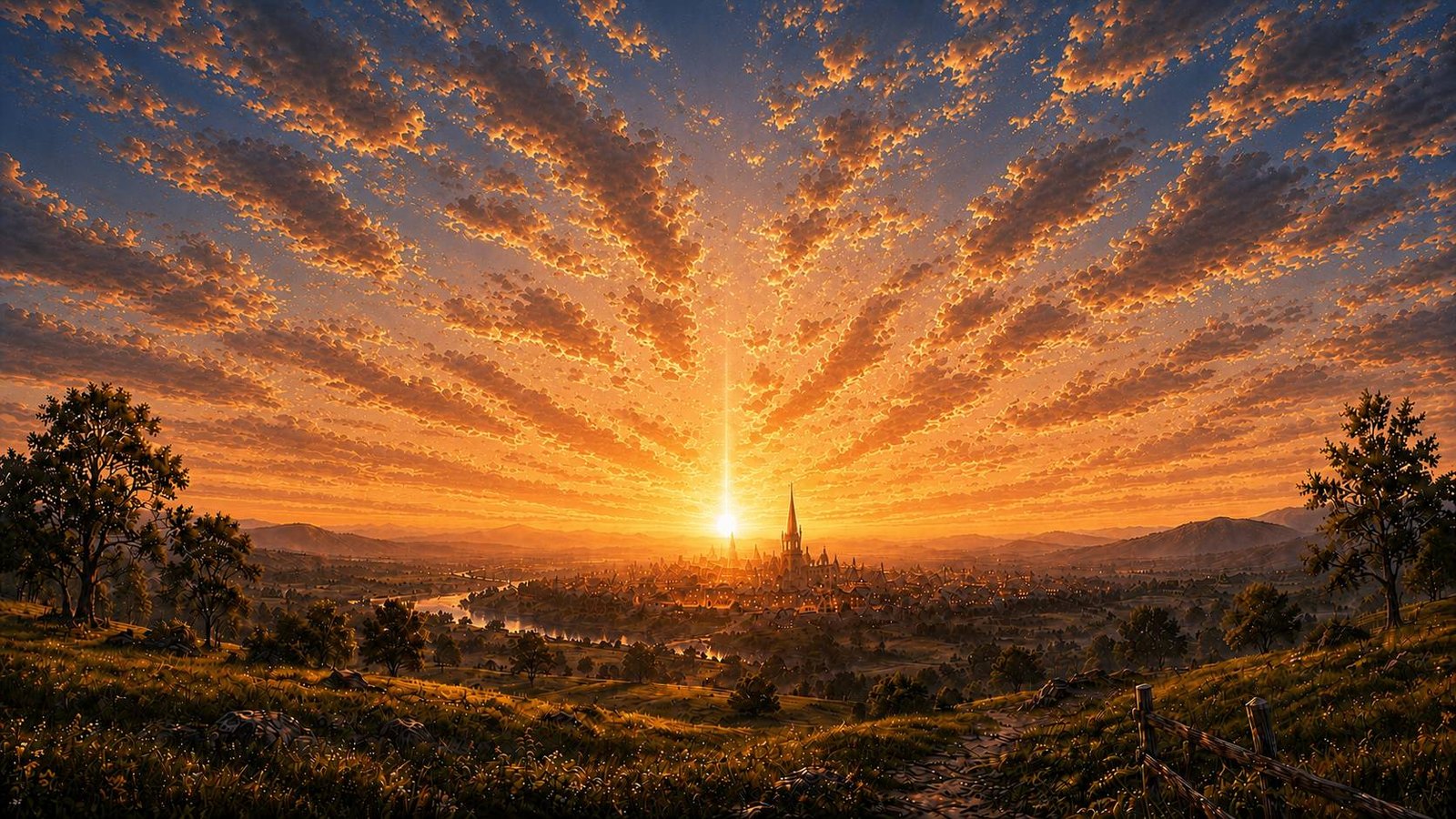 Dawn breaks over the town of Winchester in its river valley, the first light rising behind the church spire
